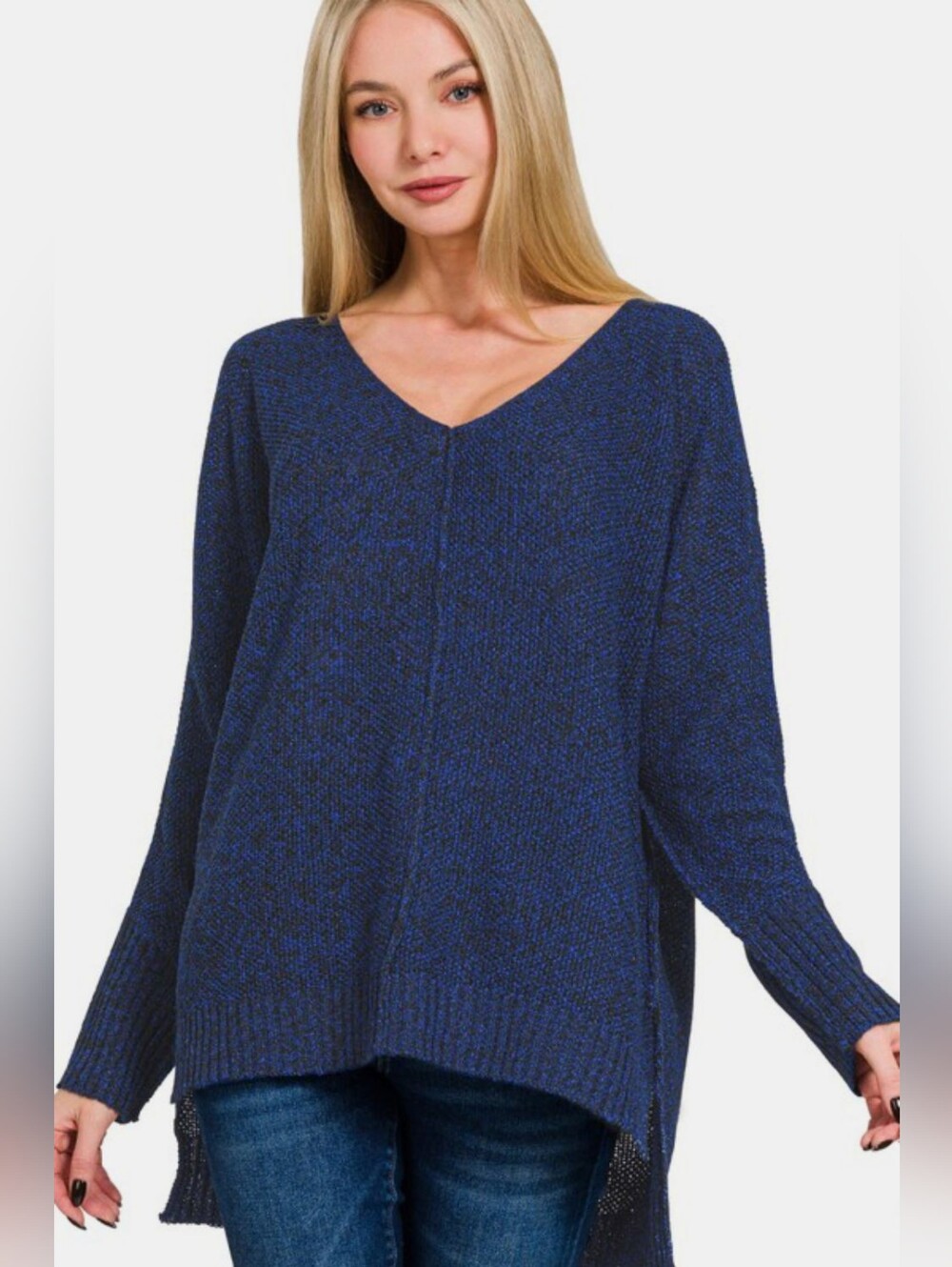 Zenanna Navy Blue High Low Sweater With Seam Detail